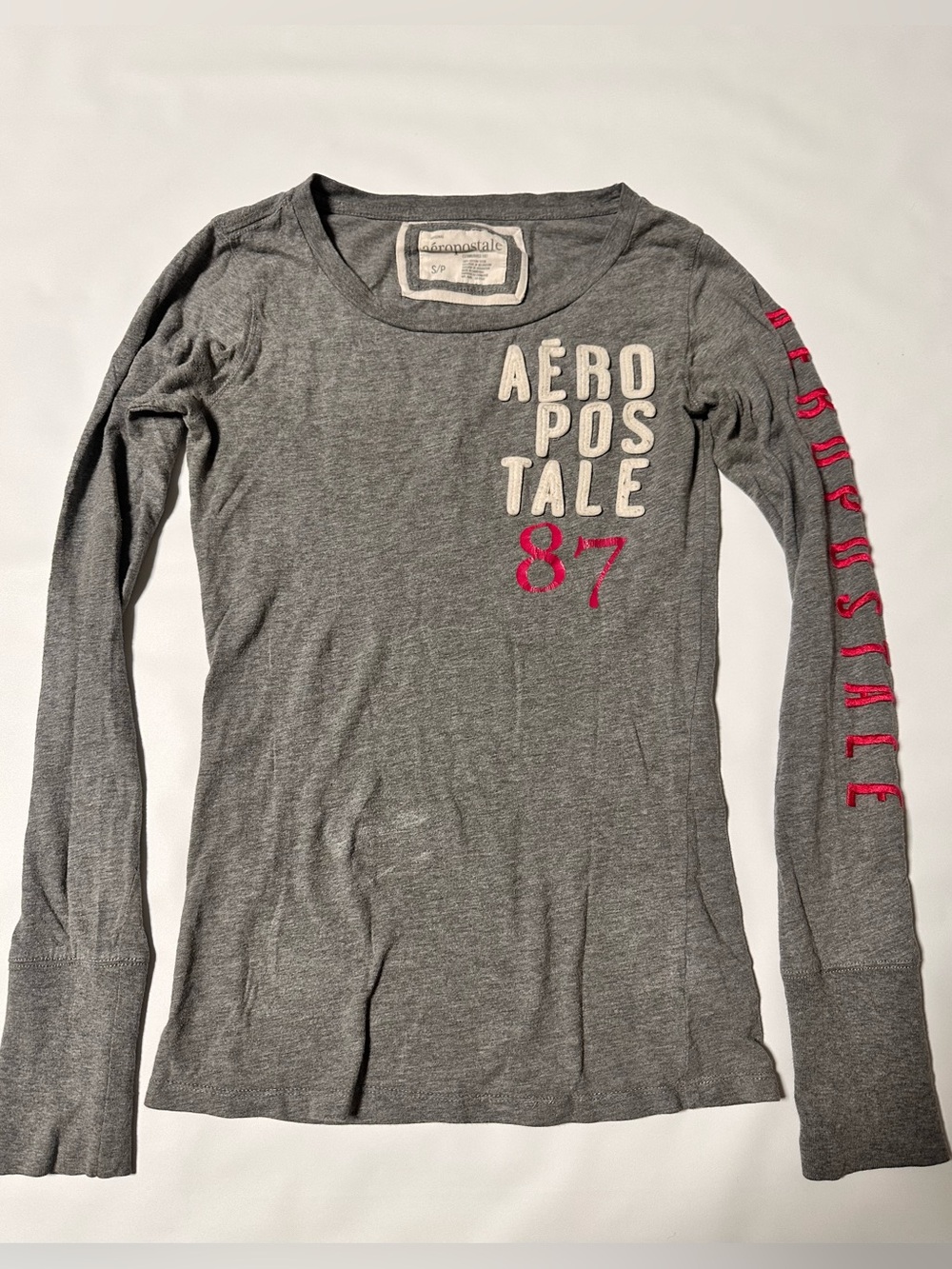 Aeropostale Gray Long Sleeve Tee with Pink Logo Detail